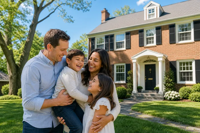 Happy family outside their Raleigh home