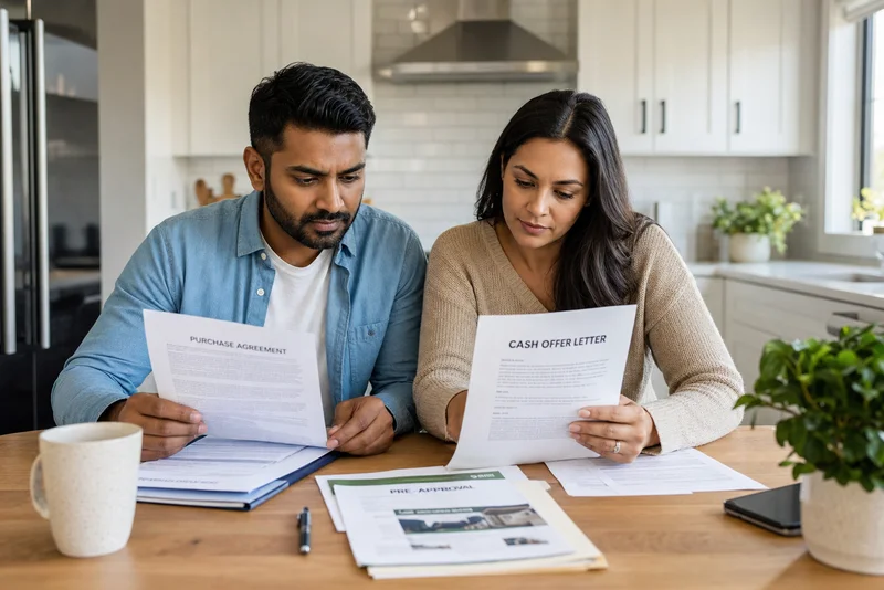 Couple reviewing a cash offer for their home